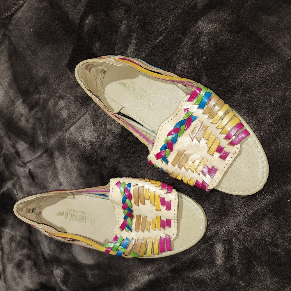 Pink and Yellow Bohemian Flats with Woven Design